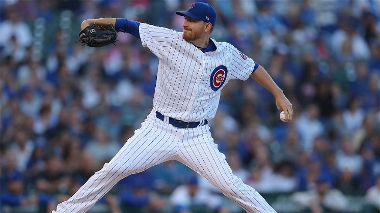 Cubs reliever Mike Montgomery was removed before he even had the chance to throw a warm-up pitch. (Credit: Dennis Wierzbicki-USA TODAY Sports)