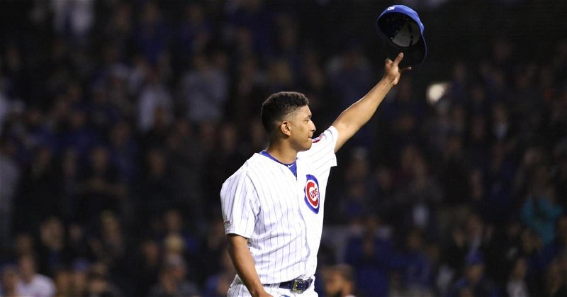 Adbert Alzolay was mocked by his teammates after tipping his cap quite emphatically. (Credit: @Cubs on Twitter)