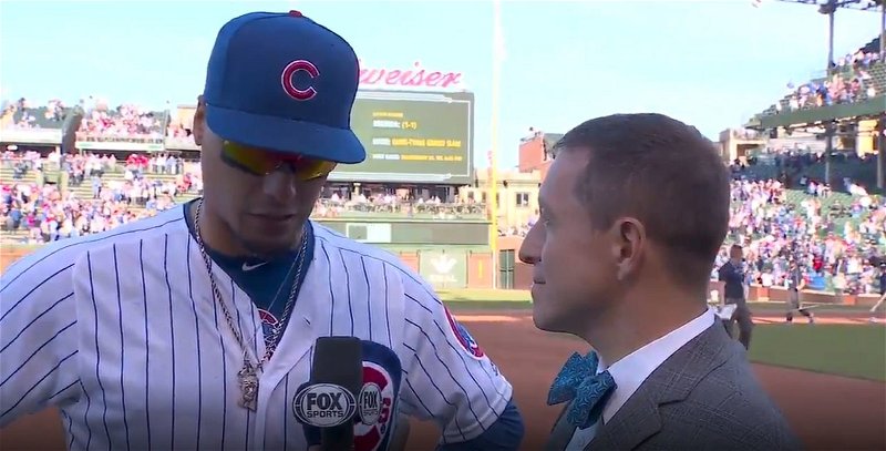 Chicago Cubs shortstop Javier Baez received a Gatorade bath after hitting a game-winning home run on Saturday.
