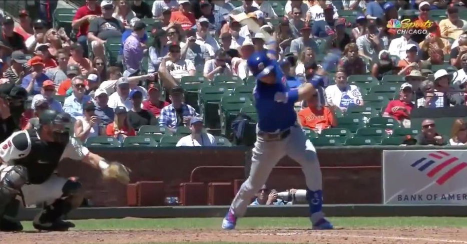 Chicago Cubs third baseman Kris Bryant appeared to hurt himself when swinging and missing at a changeup.