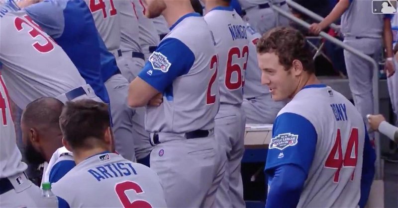 Only Anthony Rizzo would think to ask someone if a hot dog is a sandwich in the midst of a game being played.