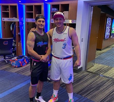 South Florida natives Albert Almora Jr. and Anthony Rizzo fittingly sported Miami Heat jerseys while embarking on the first leg of the Cubs' road trip. (Credit: @arizz_44 on Instagram)