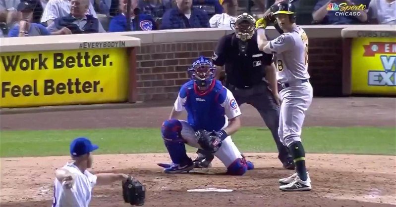 While backup catcher Taylor Davis pitched, emergency catcher Kyle Schwarber caught in the ninth inning on Tuesday.