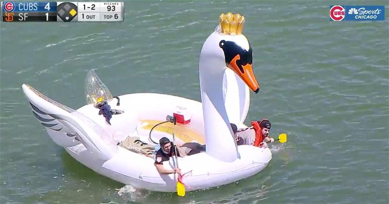 Sadly, the elegant inflatable swan sprung a leak before its journey across McCovey Cove could be completed.