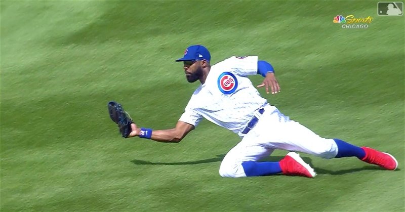 On Saturday, Chicago Cubs outfielder Jason Heyward gloved a line drive while falling to the ground.