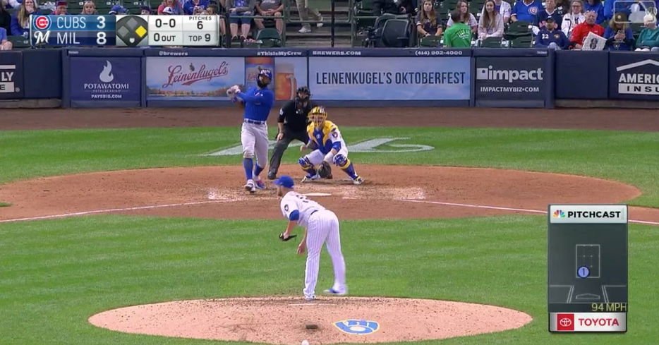 Chicago Cubs center fielder Jason Heyward hammered a 2-run moonshot into the upper deck at Miller Park.