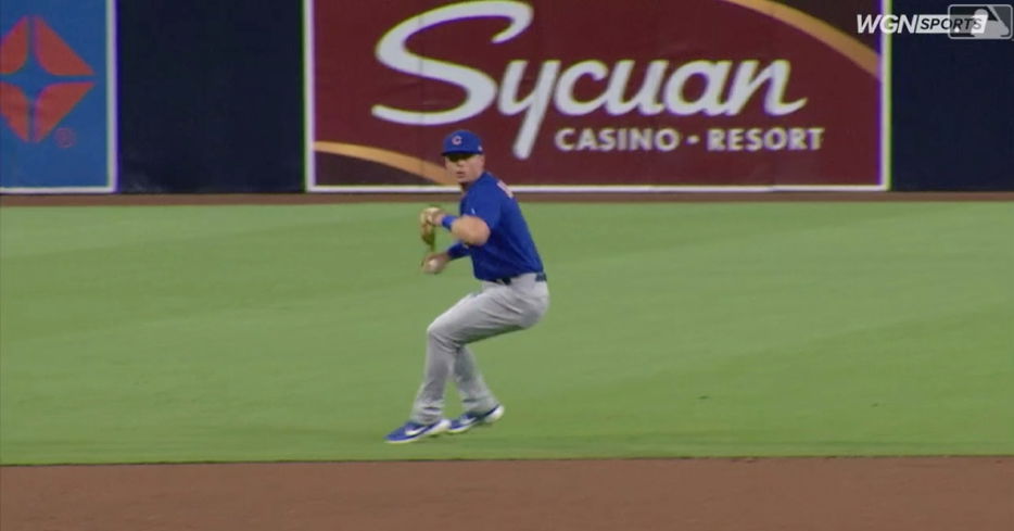 After getting called up earlier in the day, Nico Hoerner made a superb backhanded stop as part of his first career out.