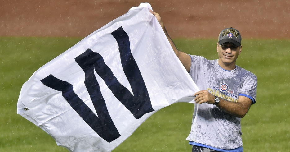 Jason McLeod waves the W flag after 2016 World Series win (David Richard - USA Today Sports)