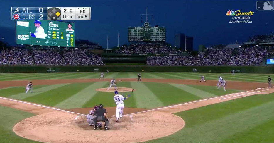 Jon Lester's switcheroo at the plate paid off, as a feigned sacrifice bunt turned into a single.