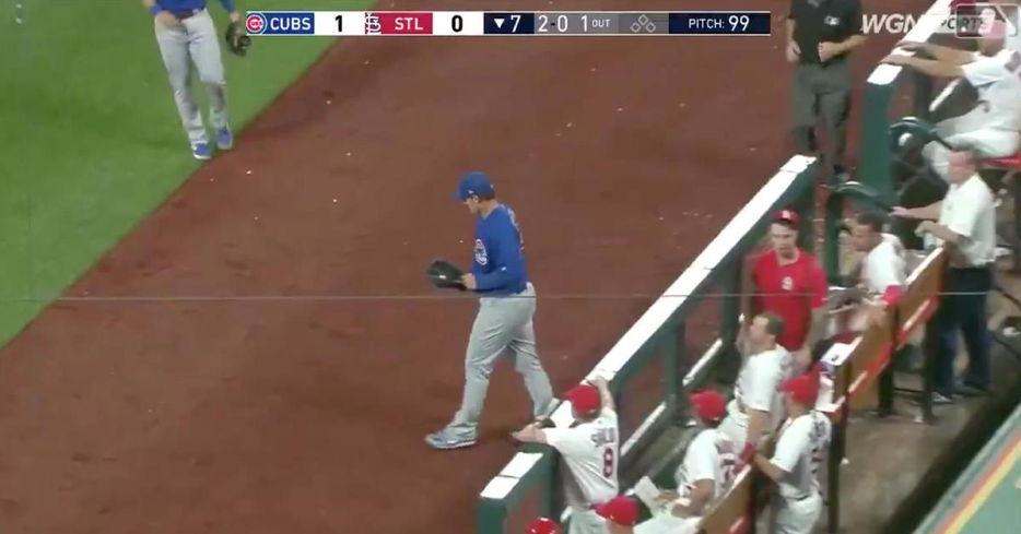 Anthony Rizzo did not let a dugout railing get in his way as he pulled off an impressive catch.