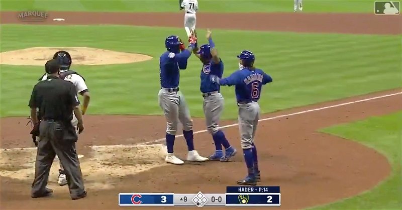Jason Heyward provided the Cubs with their first lead in a series against the Brewers.