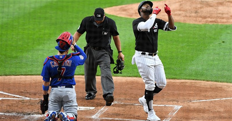 Eloy Jimenez smashed a jaw-dropping 466-foot rainmaker against the team that traded him three years ago. (Credit: Mike Dinovo-USA TODAY Sports)