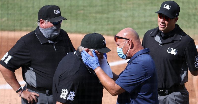 Umpire Joe West was forced to exit a game after getting hit in the side of the head with a bat. (Credit: Geoff Burke-USA TODAY Sports)
