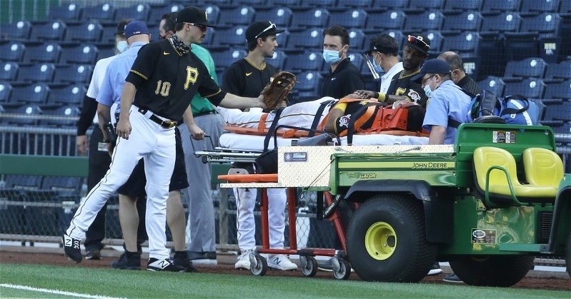 Pittsburgh Pirates first baseman Phillip Evans was stretchered off the field after being injured in a scary collision. (Credit: Charles LeClaire-USA TODAY Sports)