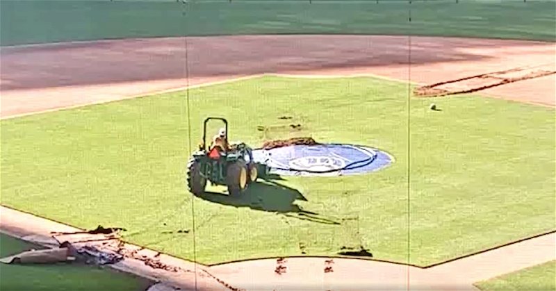 In a rather strange instance of vandalism, a man on a tractor attempted to carve his name into the infield grass at Miller Park.