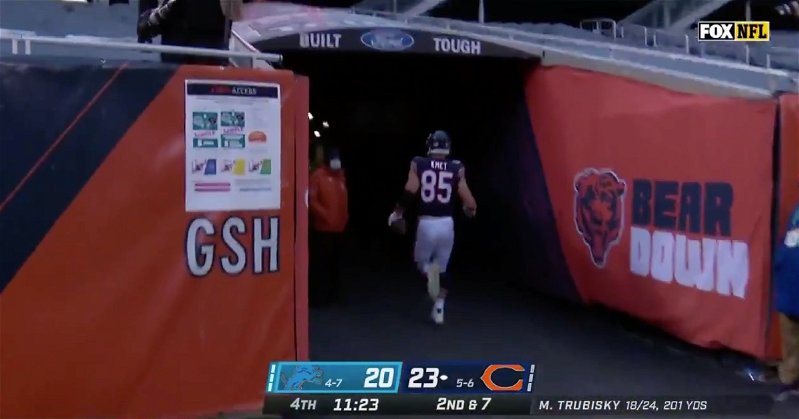 Rookie tight end Cole Kmet ran up the tunnel at Soldier Field after scoring his second career touchdown.