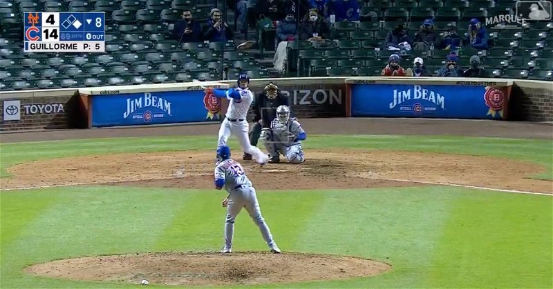 Javier Baez hit left-handed against a position player and flied out to the opposite field.