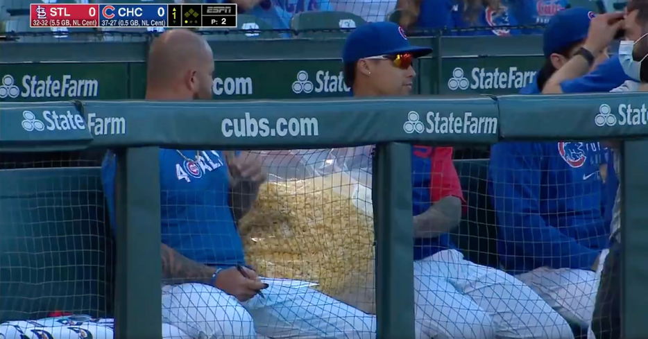 Javier Baez chowed down on popcorn while taking in Sunday's Cardinals-Cubs game.