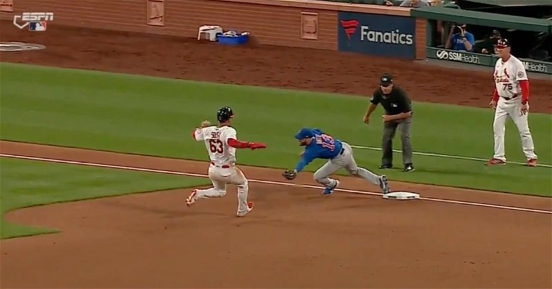Phil Cuzzi somehow thought that David Bote was no longer on the bag when he made this catch.