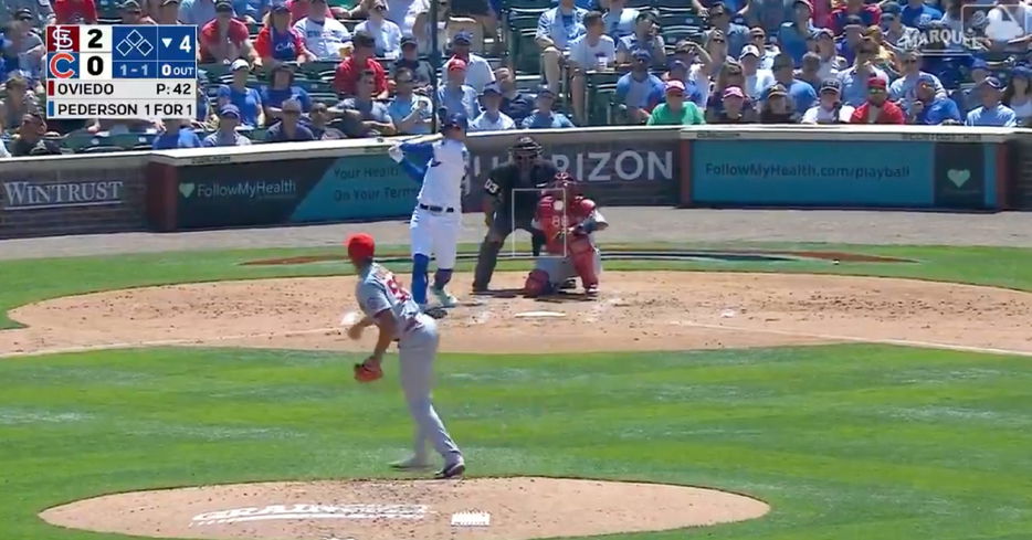 Hammering a line drive into the basket atop the outfield wall at Wrigley Field, Joc Pederson tallied his eighth home run.