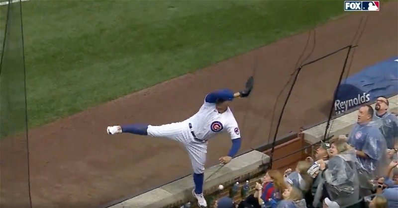 Anthony Rizzo fell into the protective netting after leaping toward a foul ball that he was unable to catch.