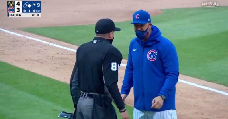 Cubs skipper David Ross was tossed for voicing his displeasure with a missed call made from behind the plate.