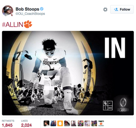 Bob Stoops tweets 'All In' with Clemson Paw