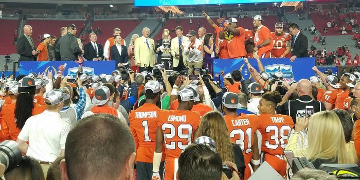 The Tigers celebrate the win over Ohio St. in the Fiesta Bowl 