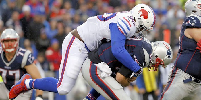  Lawson with the sack on Tom Brady (Timothy T. Ludwig-USA TODAY Sports)