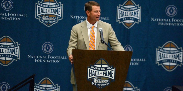 Swinney tells a story at the College Football Hall of Fame Thursday 
