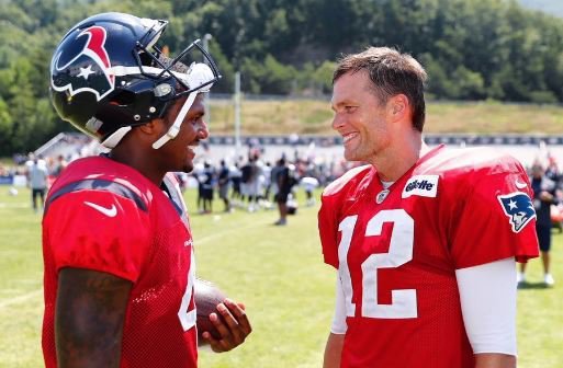 Deshaun Watson and Tom Brady talk at a joint practice Wednesday <br> (Photo per Texans Twitter account)