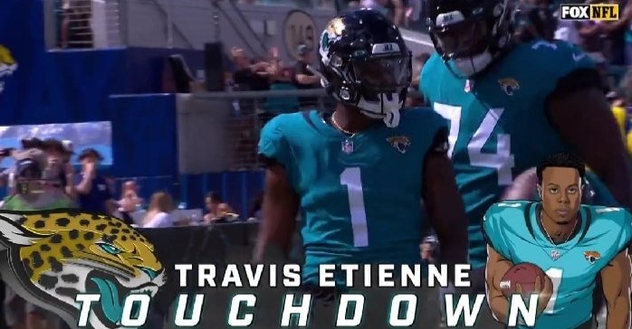 Travis Etienne scored his first NFL touchdown and topped 100 rushing yards in the game against the New York Giants.