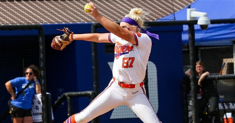 Thompson posted eight strikeouts in five innings while getting plenty of help on the offensive side. (Photo per Clemson softball Twitter)