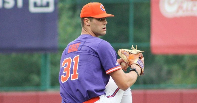 Caden Grice is excelling on the mound and at the plate as the Tigers' NCAA Tournament chances have increased lately. (Clemson athletics photo)
