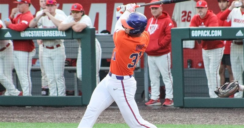 Caden Grice's eighth-inning grand slam keyed a series-clincher before he takes the mound to start the series finale on Sunday. (Clemson athletics photo)