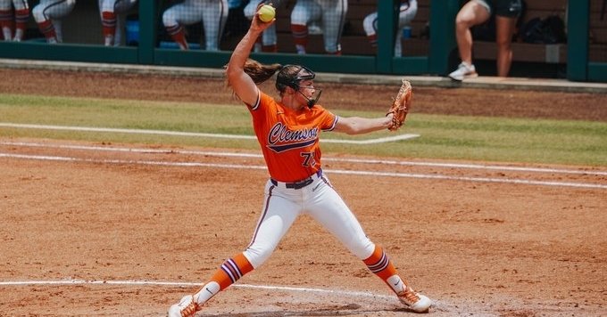 Valerie Cagle allowed only one hit through three innings, but the prolific Oklahoma offense broke through midway into the game for a blowout victory. (Clemson athletics photo)
