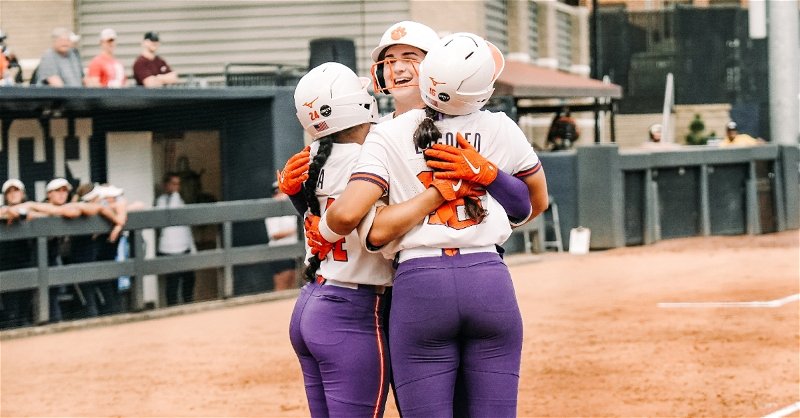 Clemson softball had plenty to celebrate at home plate in clinching the series at Georgia Tech. (Clemson athletics photo)