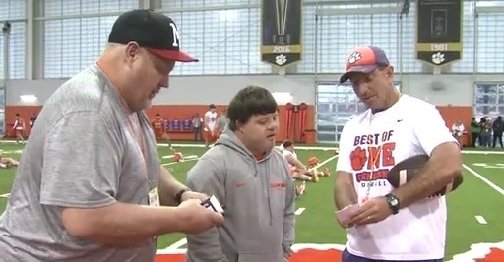 Clemson equipment manager David Saville was surprised with gift cards for his birthday at Clemson football practice.